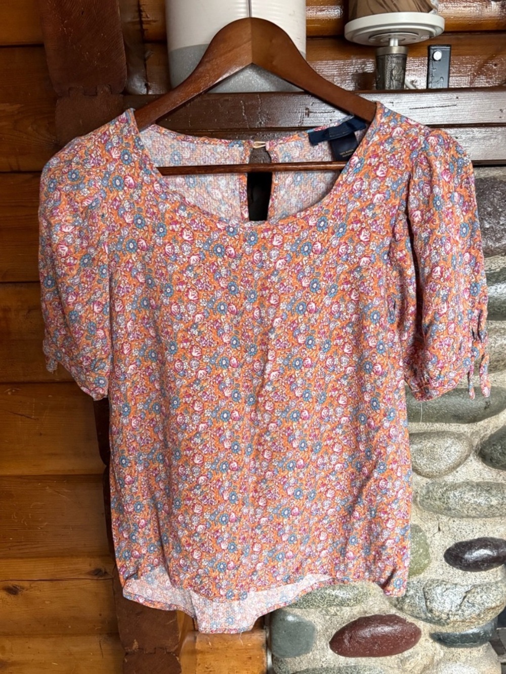 RACHEL Rachel Roy Orange Floral 100% Rayon Tie Sleeve Blouse Size S